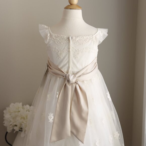 Stunning Ivory Flower Girl Embroidered Lace Tulle Dress Champagne Sash NWT - Picture 7 of 9